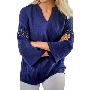 Soft Surroundings Morelos Blouse Blue Tunic Floral Eyelet Womens Large V Neck